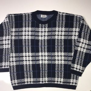 Cuddle Knit Sweater Vintage Black, White & Blue Plaid
